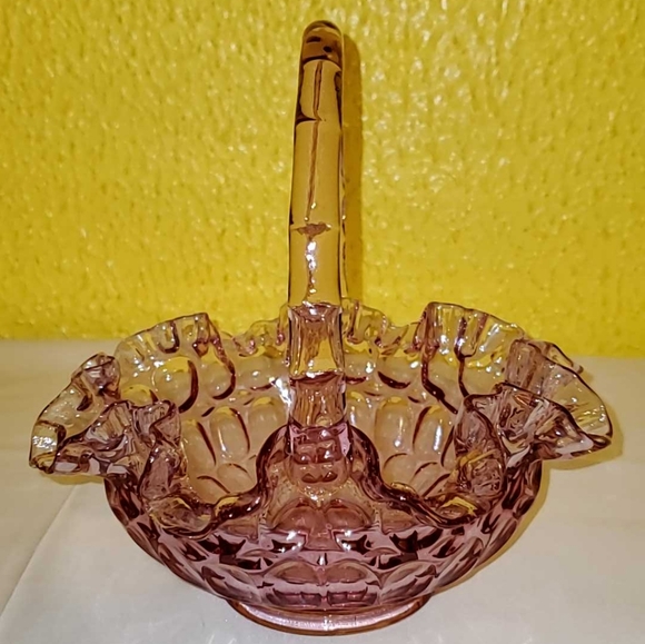 Fenton Colonial Pink Thumbprint Handled Art Glass Basket - Picture 3 of 7